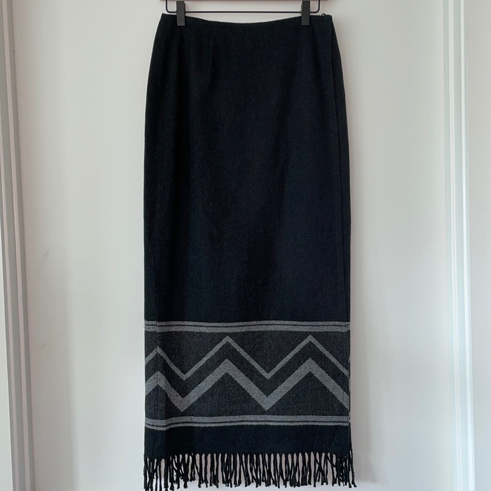 Nine & Co Fringed Black Wool Blend Maxi Skirt Sz M